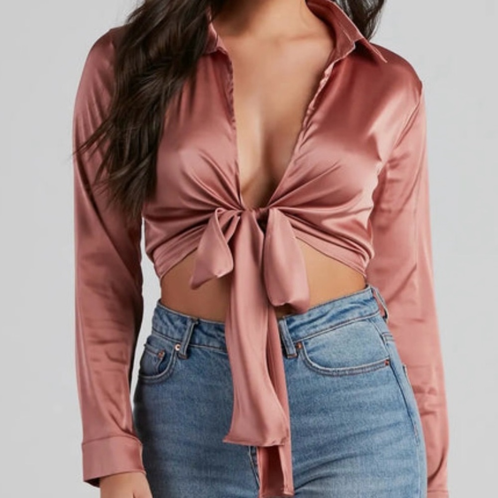 Brown Tie-Front Satin Blouse - Picture 4 of 4